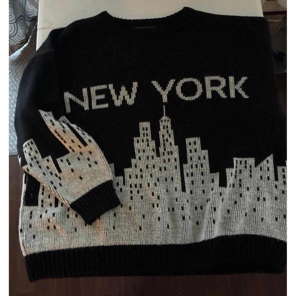 VTG Sweater New York Graphic Knit Pullover Crewneck Black Long Sleeve USA Made